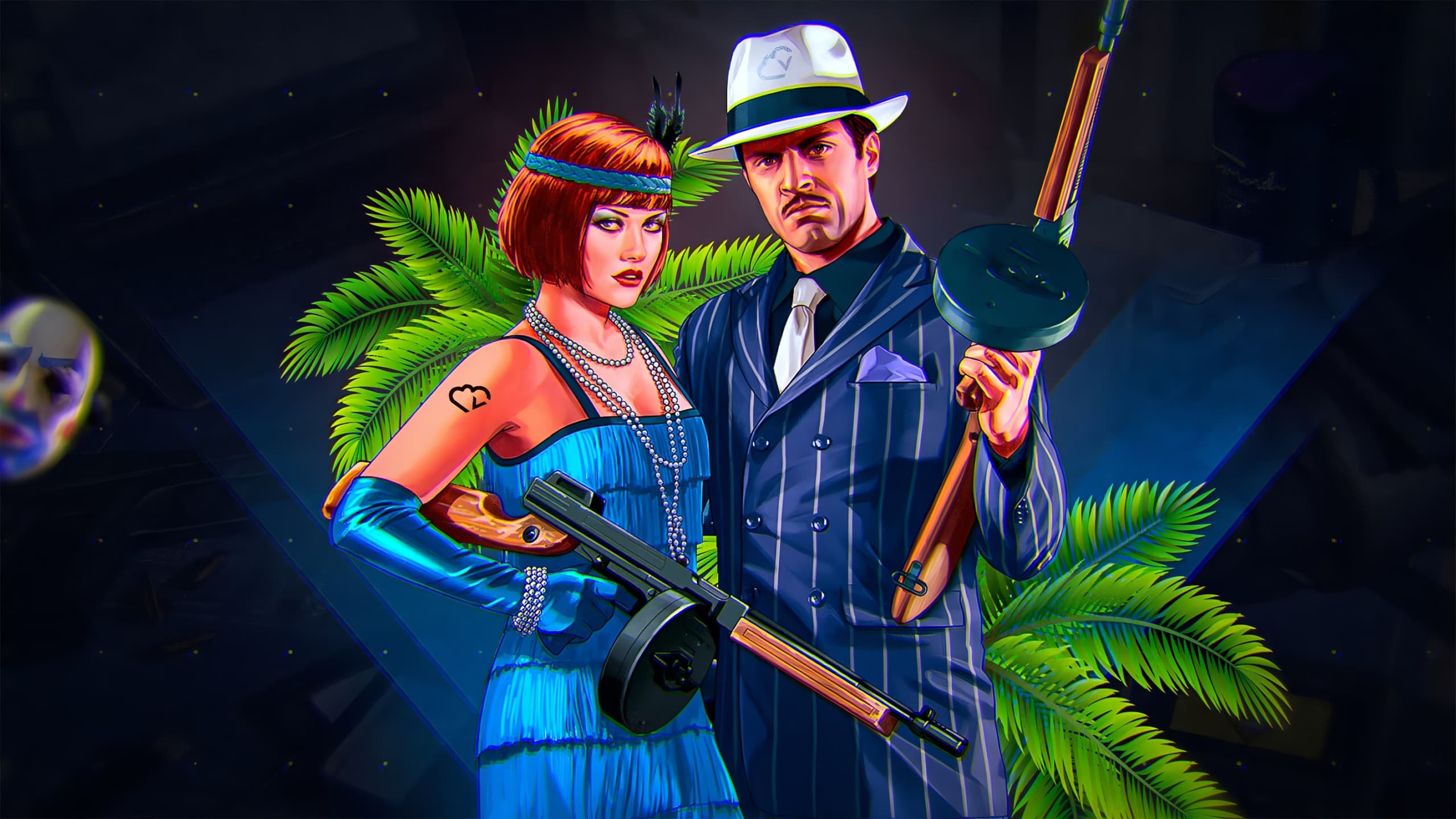 Zwei Figuren im Stil der Zwanzigerjahre vor Palmen